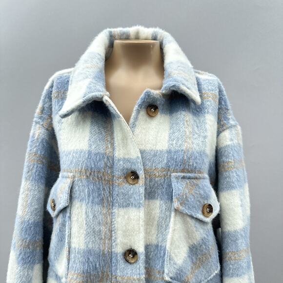 RDI Brushed Plaid Flannel Brushed Oversized Shacket Jacket Blue Women's Size L - Picture 3 of 12
